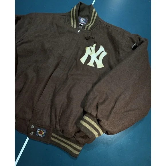 Vintage 90s Jeff Hamilton New York Yankees Wool Bomber Jacket Brown Large Flaws*